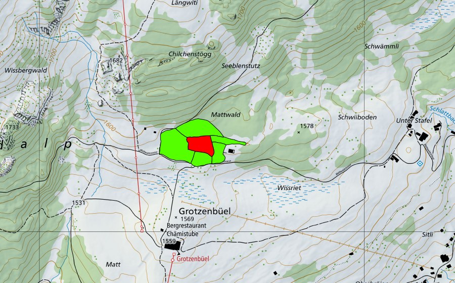 Carta nazionale swisstopo con il perimetro protetto di Grotzenbüel (Braunwald) (Torbiera alta)