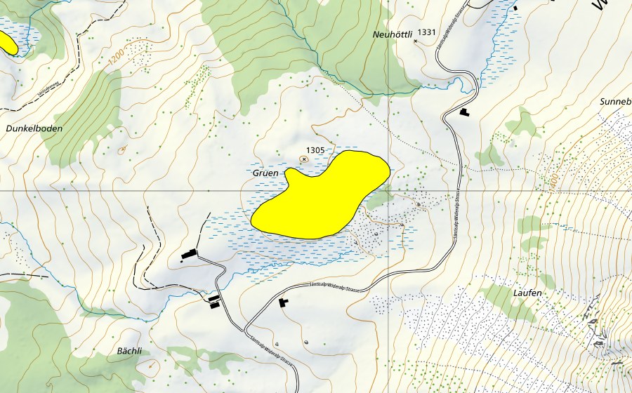 swisstopo national map showing the protected perimeter of Gruen/Neuhüttli (Raised bog)