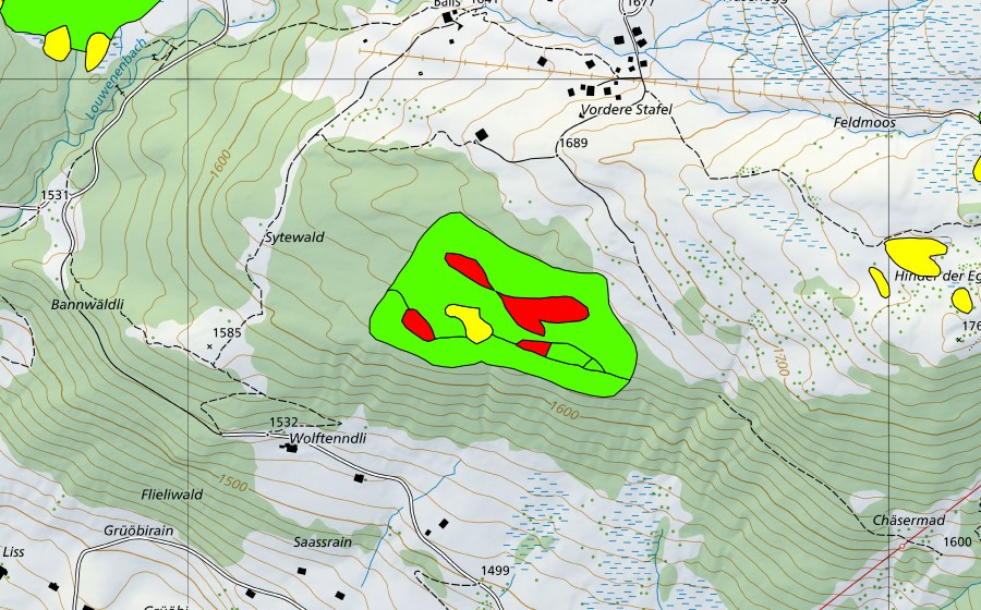 Carte nationale swisstopo avec le périmètre protégé de Grüöbiwald (Haut-marais)