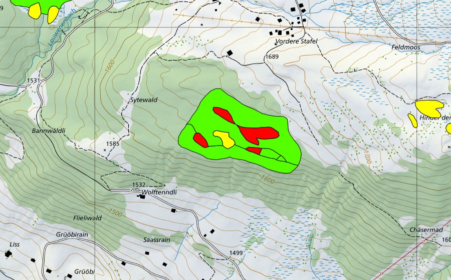 Landeskarte swisstopo mit dem Schutzperimeter von Grüöbiwald (Hochmoor)