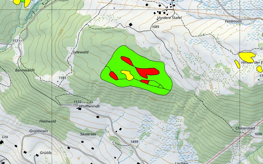 Landeskarte swisstopo mit dem Schutzperimeter von Grüöbiwald (Hochmoor)