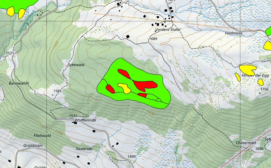 Carte nationale swisstopo avec le périmètre protégé de Grüöbiwald (Haut-marais)