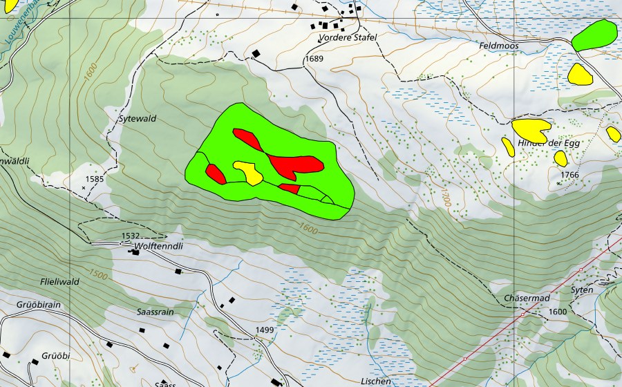 Landeskarte swisstopo mit dem Schutzperimeter von Grüöbiwald (Hochmoor)