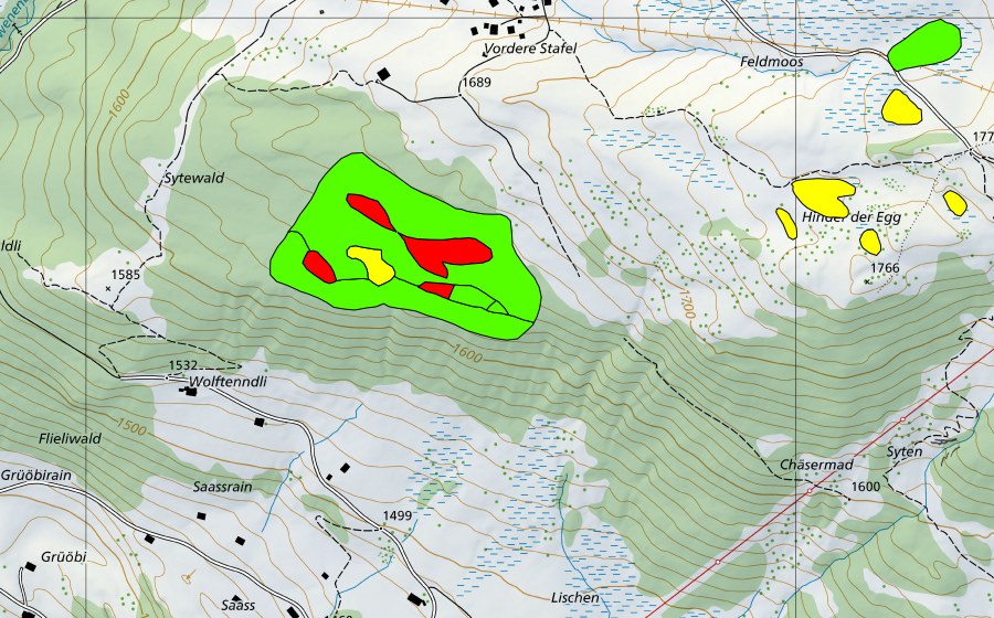 Carte nationale swisstopo avec le périmètre protégé de Grüöbiwald (Haut-marais)