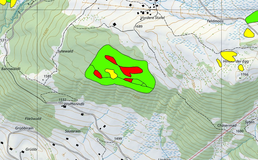 Landeskarte swisstopo mit dem Schutzperimeter von Grüöbiwald (Hochmoor)