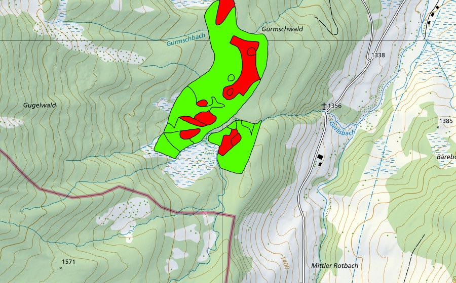 Carte nationale swisstopo avec le périmètre protégé de Gürmschwald (Haut-marais)