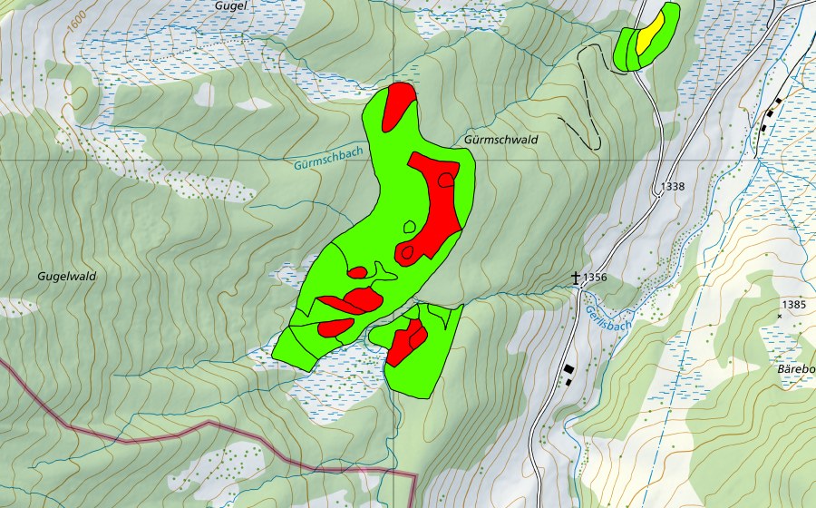 Carte nationale swisstopo avec le périmètre protégé de Gürmschwald (Haut-marais)