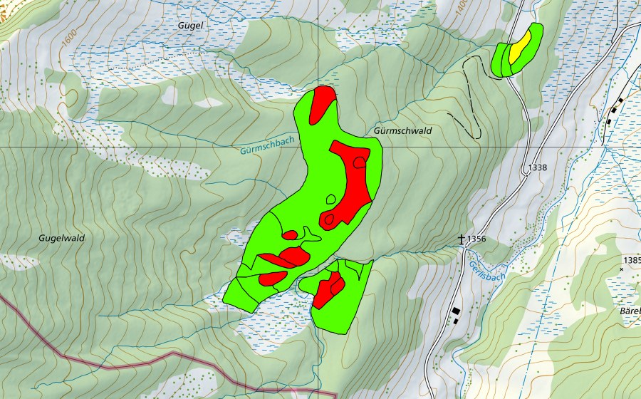 swisstopo national map showing the protected perimeter of Gürmschwald (Raised bog)