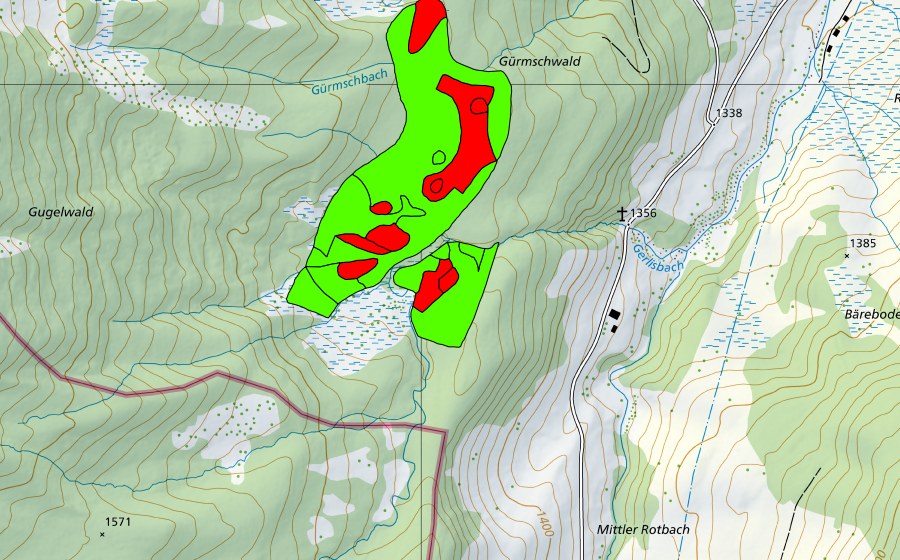 swisstopo national map showing the protected perimeter of Gürmschwald (Raised bog)