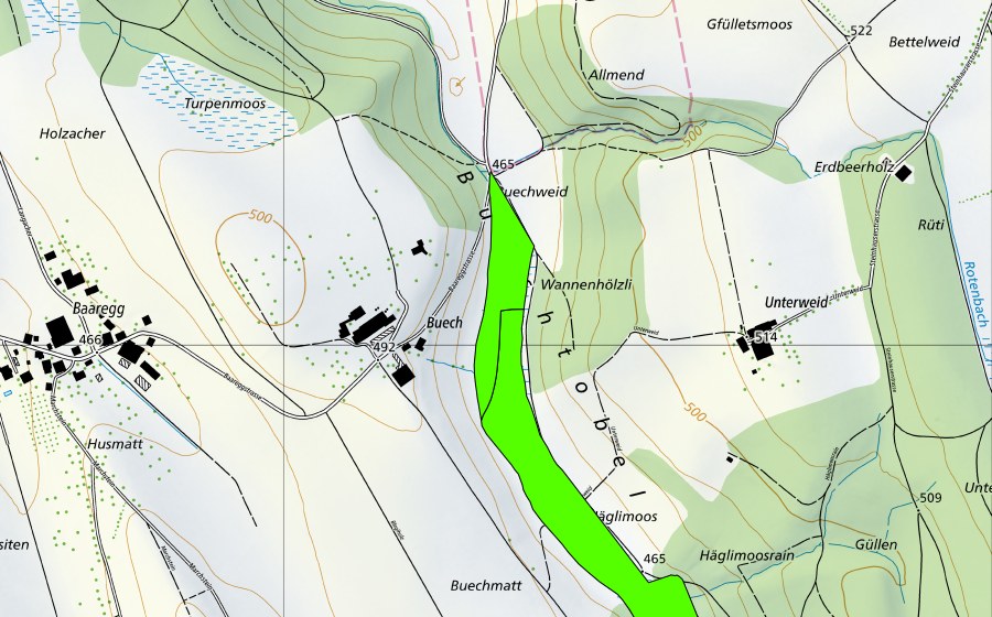 swisstopo national map showing the protected perimeter of Häglimoos (Raised bog)