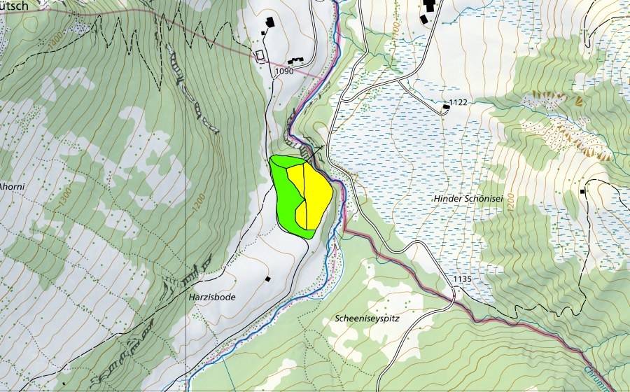 Carte nationale swisstopo avec le périmètre protégé de Harzisboden (Haut-marais)