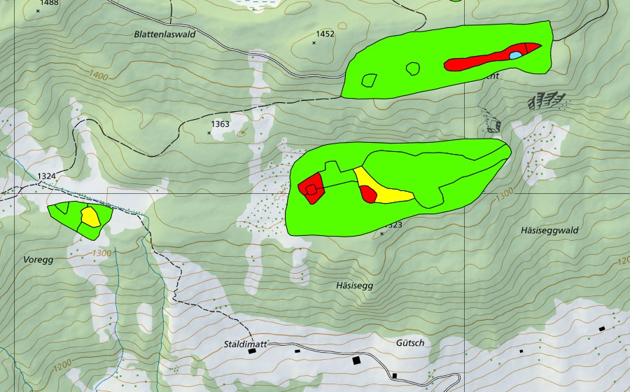 Landeskarte swisstopo mit dem Schutzperimeter von Häsiseggboden (Hochmoor)