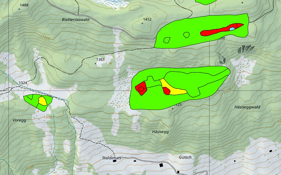 Carte nationale swisstopo avec le périmètre protégé de Häsiseggboden (Haut-marais)