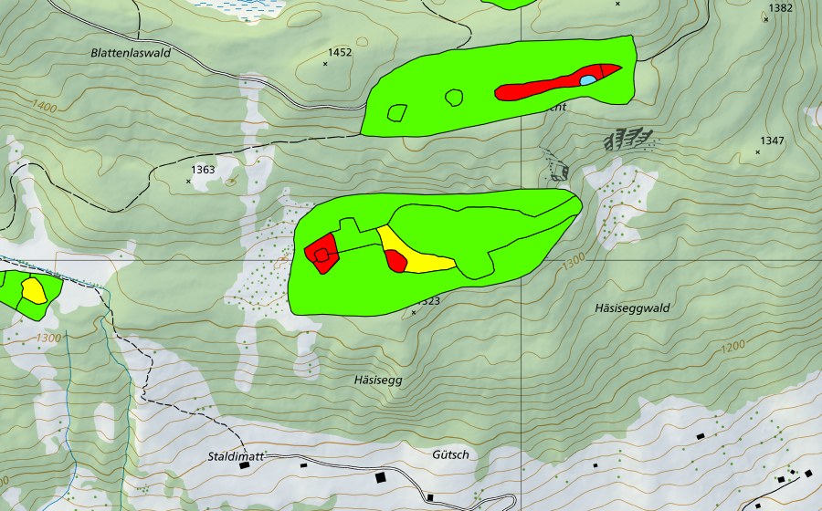 Landeskarte swisstopo mit dem Schutzperimeter von Häsiseggboden (Hochmoor)