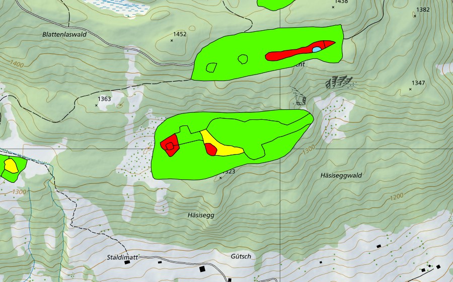 swisstopo national map showing the protected perimeter of Häsiseggboden (Raised bog)
