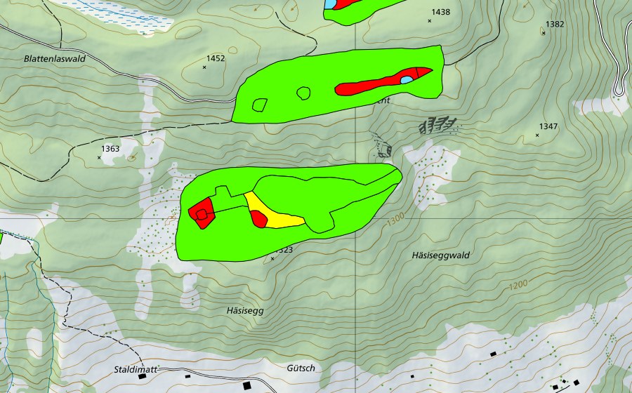 Landeskarte swisstopo mit dem Schutzperimeter von Häsiseggboden (Hochmoor)