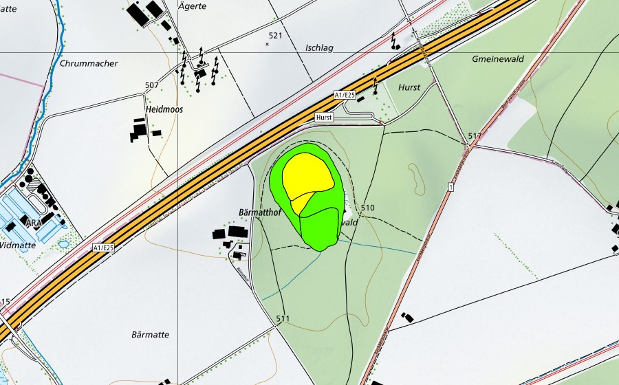 Carte nationale swisstopo avec le périmètre protégé de Heidmoos (Haut-marais)