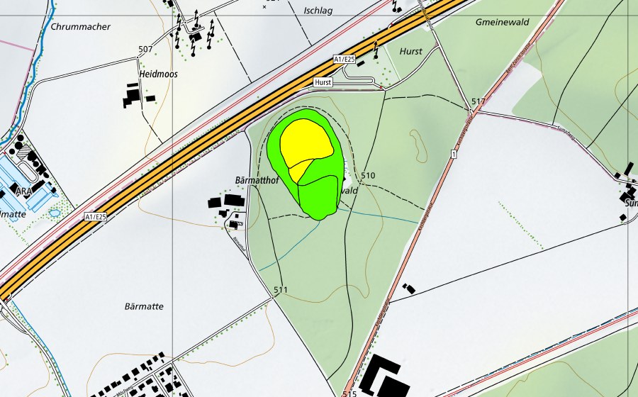 Landeskarte swisstopo mit dem Schutzperimeter von Heidmoos (Hochmoor)