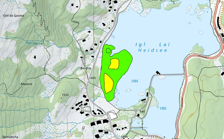 Carte nationale swisstopo avec le périmètre protégé de Heidsee (Haut-marais)