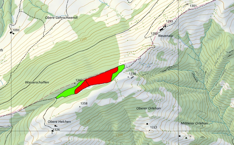 swisstopo national map showing the protected perimeter of Helchen (Raised bog)