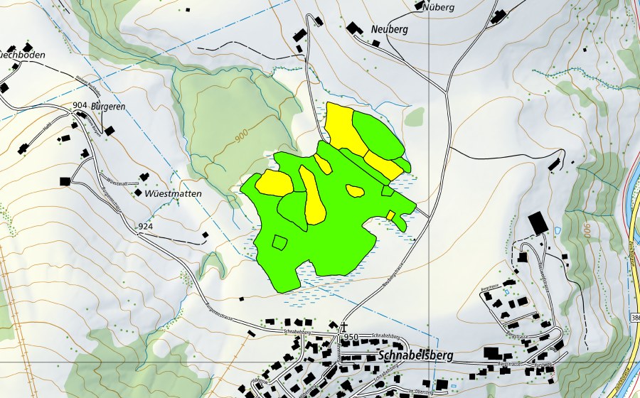 swisstopo national map showing the protected perimeter of Hessenmoos (Raised bog)