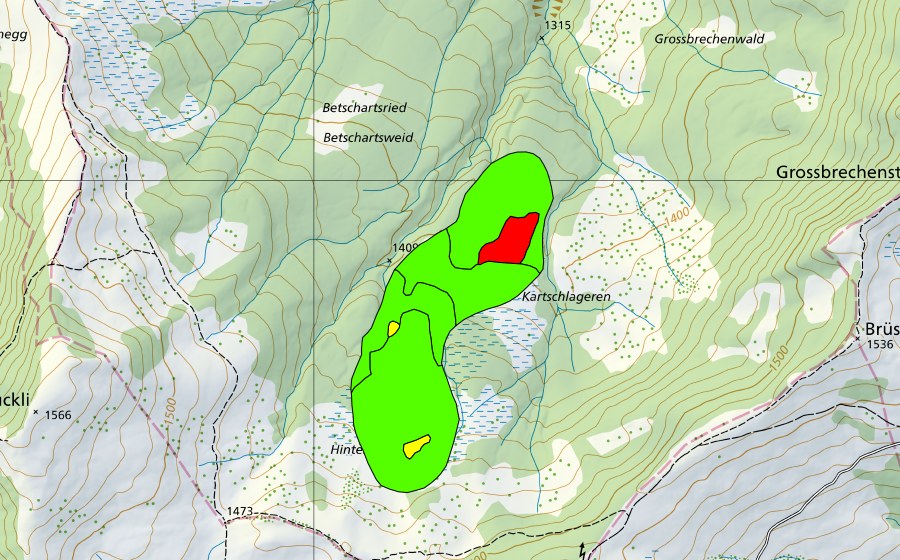 Carte nationale swisstopo avec le périmètre protégé de Hinter den Weiden (Haut-marais)