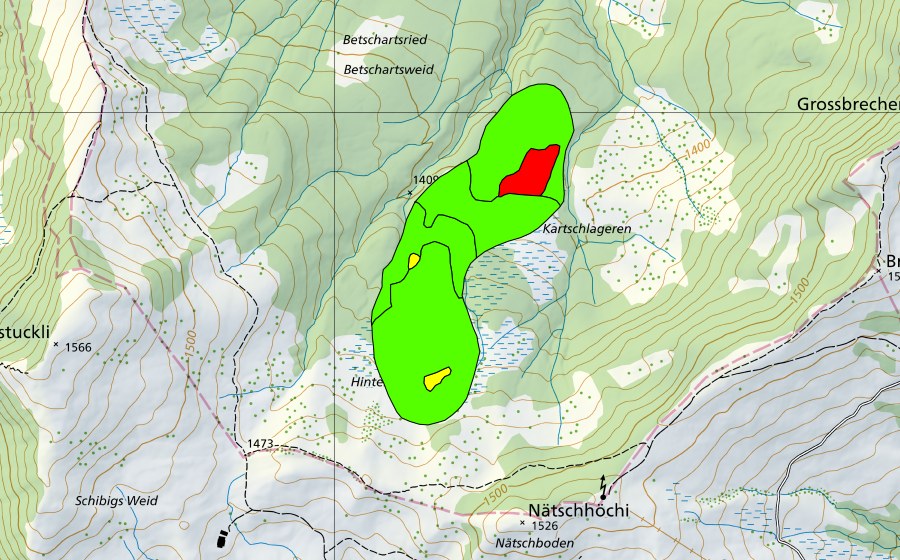 Carte nationale swisstopo avec le périmètre protégé de Hinter den Weiden (Haut-marais)
