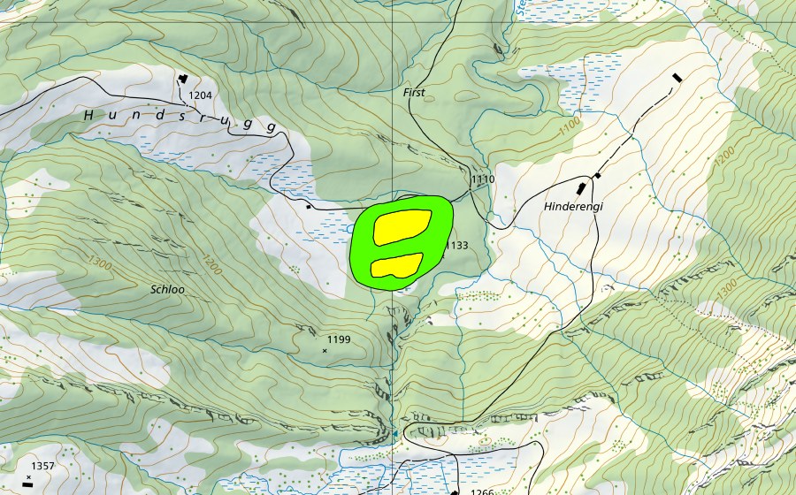 Carte nationale swisstopo avec le périmètre protégé de Hinter Engi (Haut-marais)