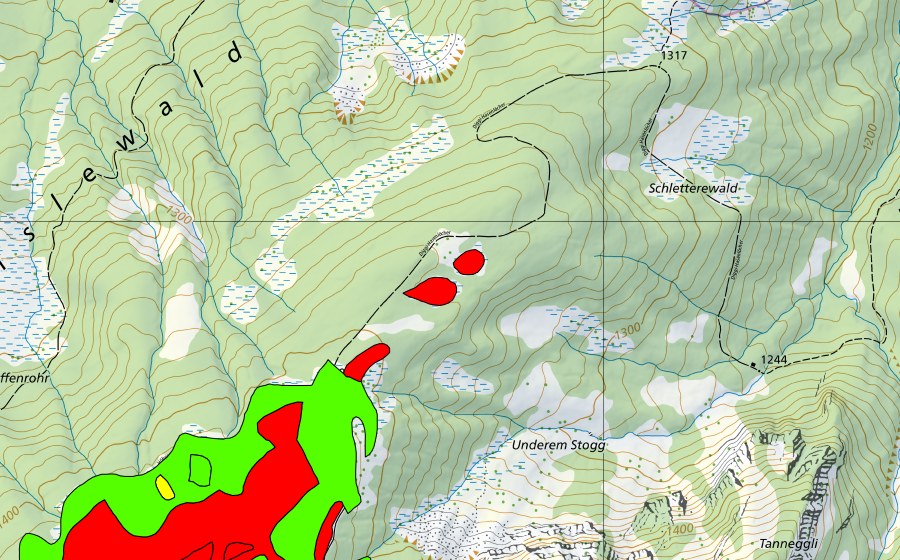 Carte nationale swisstopo avec le périmètre protégé de Hinter Höhi/Bönisriet/Stöcklerriet (Haut-marais)