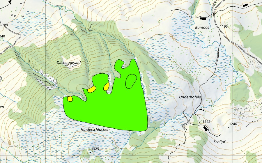 Landeskarte swisstopo mit dem Schutzperimeter von Hinterschluchen (Hochmoor)