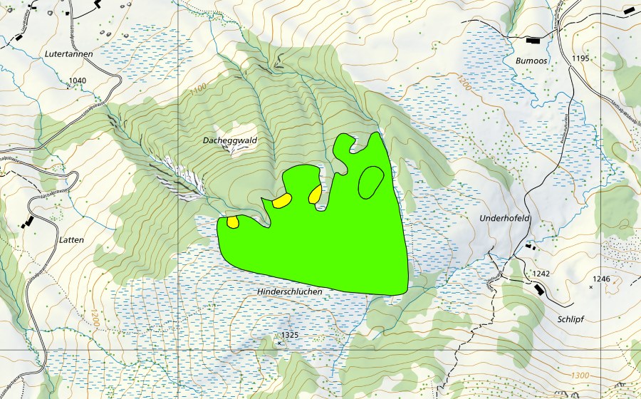 swisstopo national map showing the protected perimeter of Hinterschluchen (Raised bog)