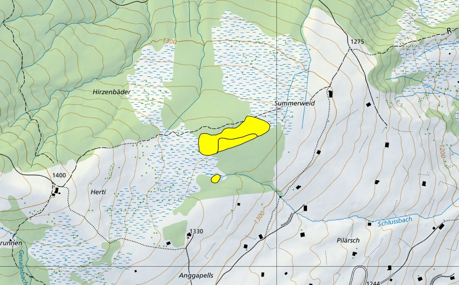 swisstopo national map showing the protected perimeter of Hirzenbäder/Sommerweid (Raised bog)