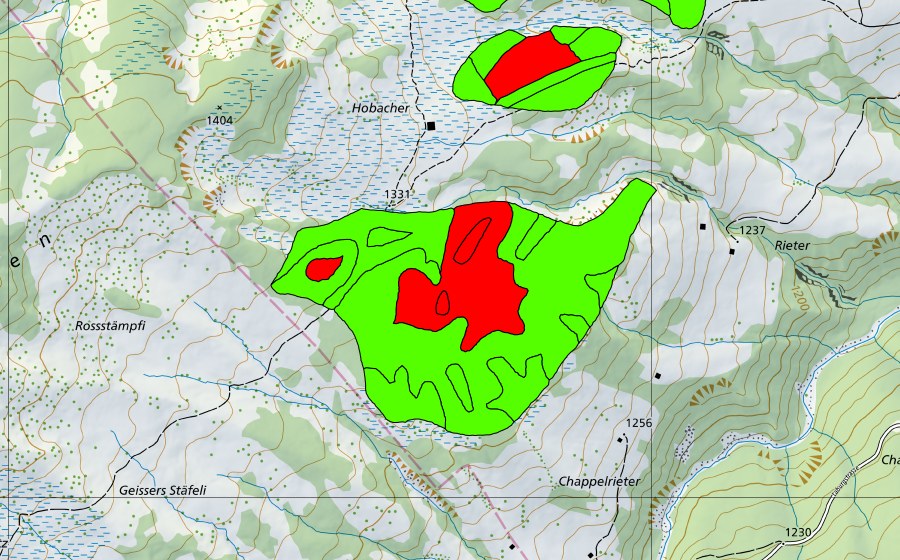 swisstopo national map showing the protected perimeter of Hobacher (Raised bog)