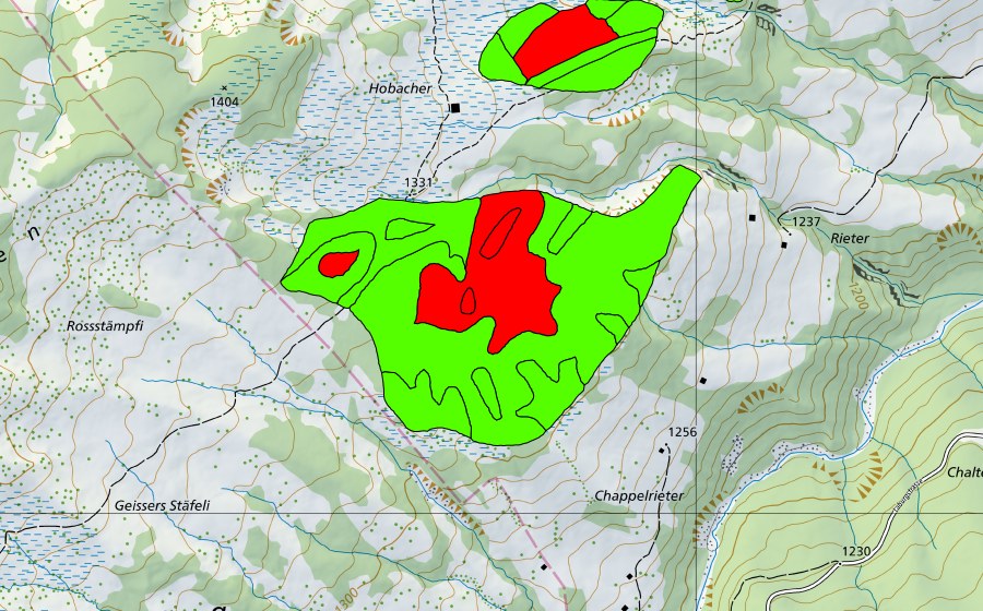 Carte nationale swisstopo avec le périmètre protégé de Hobacher (Haut-marais)