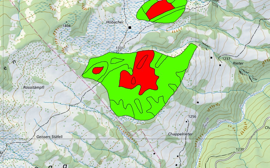 Carte nationale swisstopo avec le périmètre protégé de Hobacher (Haut-marais)