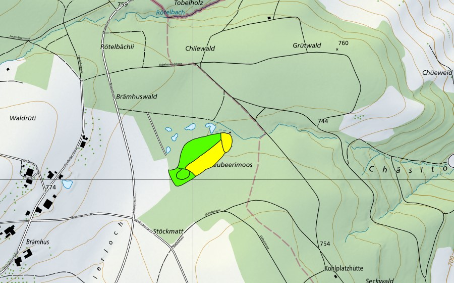 Carta nazionale swisstopo con il perimetro protetto di Hochmoor bei Etzelwil (Torbiera alta)
