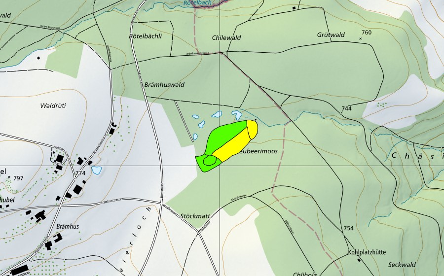 Landeskarte swisstopo mit dem Schutzperimeter von Hochmoor bei Etzelwil (Hochmoor)