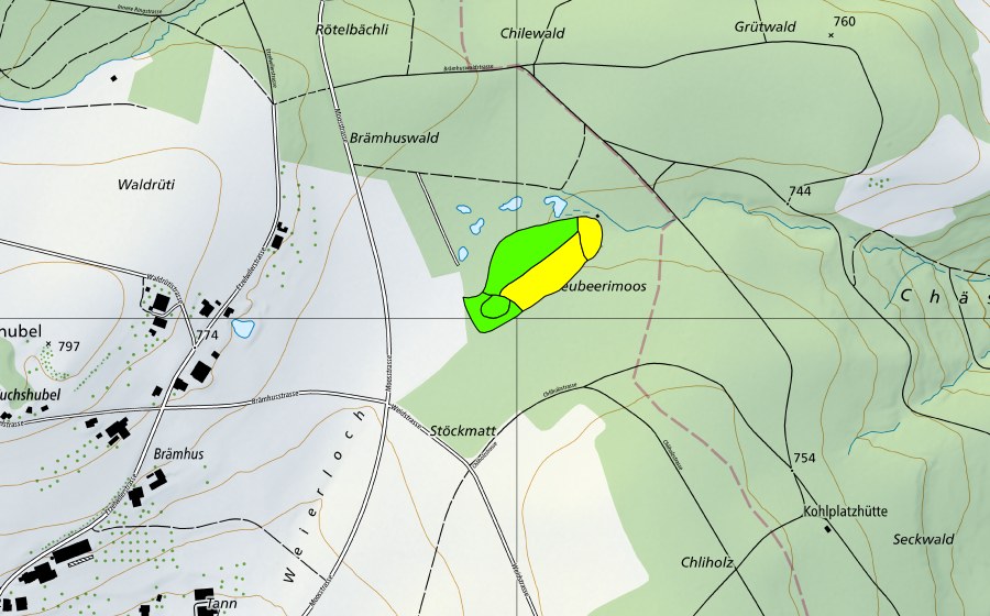 swisstopo national map showing the protected perimeter of Hochmoor bei Etzelwil (Raised bog)