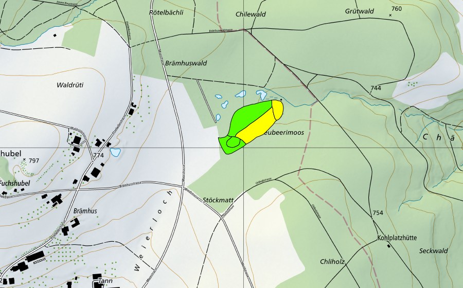 swisstopo national map showing the protected perimeter of Hochmoor bei Etzelwil (Raised bog)