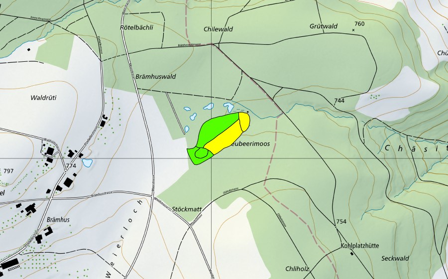 swisstopo national map showing the protected perimeter of Hochmoor bei Etzelwil (Raised bog)