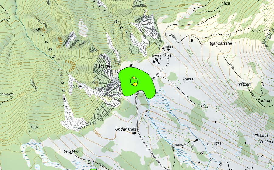 swisstopo national map showing the protected perimeter of Horn bei Tratza (Raised bog)