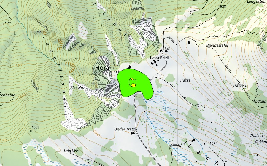 Landeskarte swisstopo mit dem Schutzperimeter von Horn bei Tratza (Hochmoor)