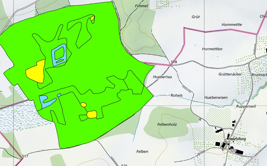 swisstopo national map showing the protected perimeter of Hudelmoos (Raised bog)