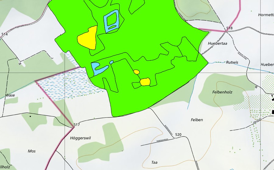 Carte nationale swisstopo avec le périmètre protégé de Hudelmoos (Haut-marais)