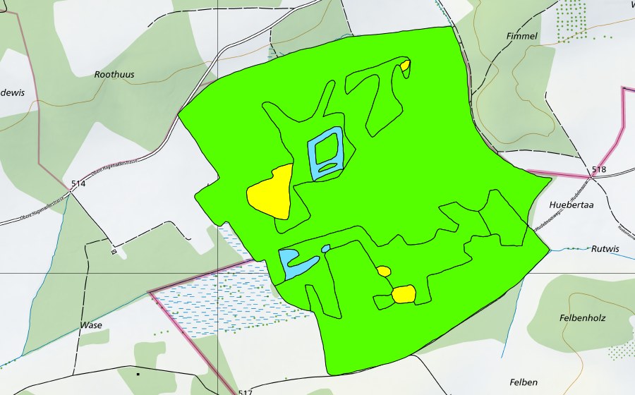 Carte nationale swisstopo avec le périmètre protégé de Hudelmoos (Haut-marais)
