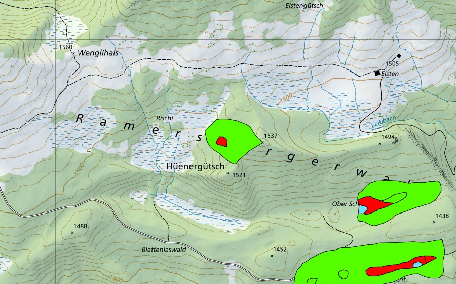 Carte nationale swisstopo avec le périmètre protégé de Hüenergütsch (Haut-marais)
