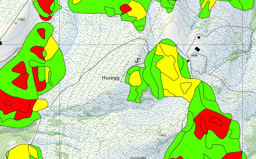 Carte nationale swisstopo avec le périmètre protégé de Husegg (Haut-marais)