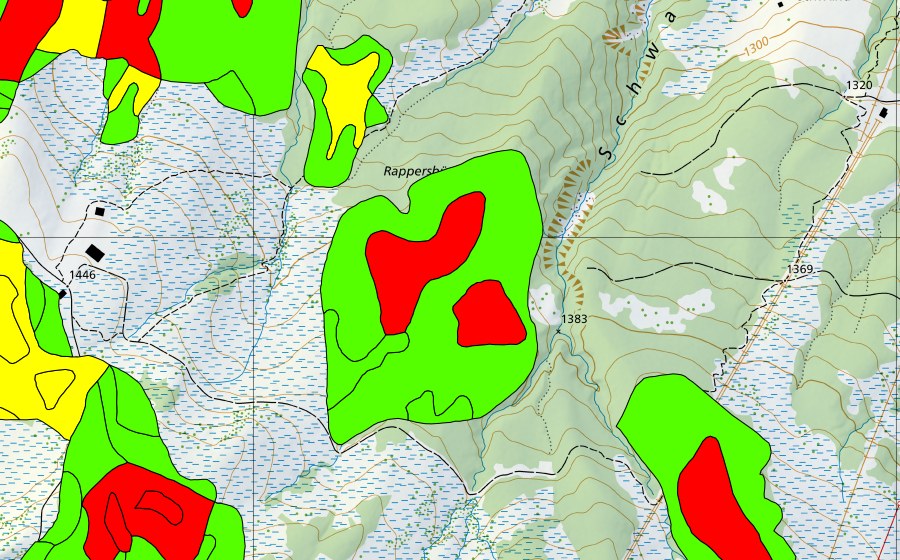swisstopo national map showing the protected perimeter of Husegg-Ochsenweid (Raised bog)