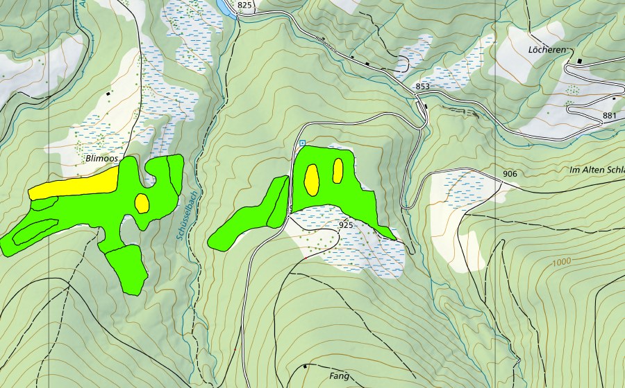 swisstopo national map showing the protected perimeter of Im Fang (Raised bog)