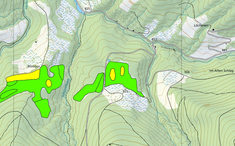 Carte nationale swisstopo avec le périmètre protégé de Im Fang (Haut-marais)
